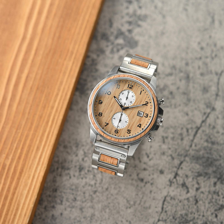 Barrel men's whiskey wood watch standing at an angle.