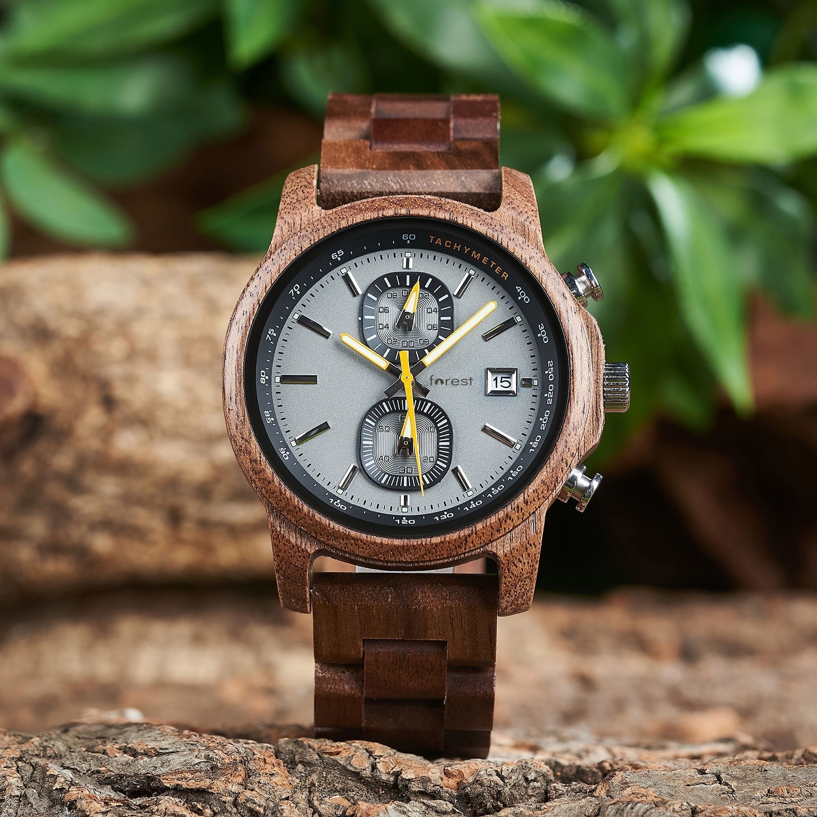 Gale wooden watch upright on a log with green leaves behind
