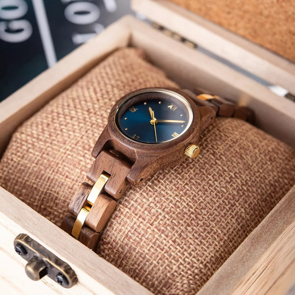 Blue dial Midnight wooden watch on a linen cushion inside its wooden gift box