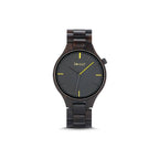 Umber black wooden watch with gold hands, front view