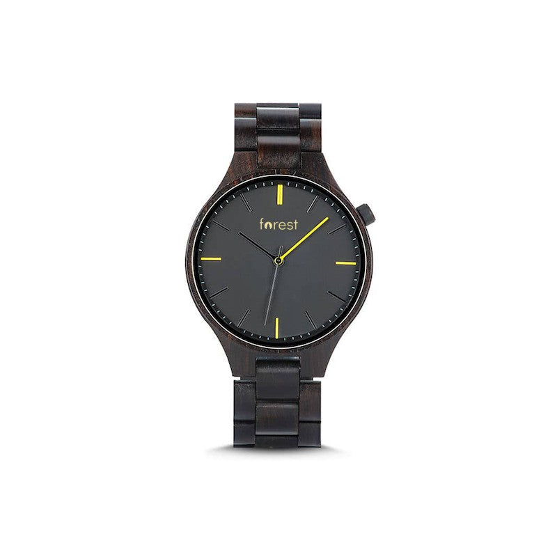 Umber black wooden watch with gold hands, front view