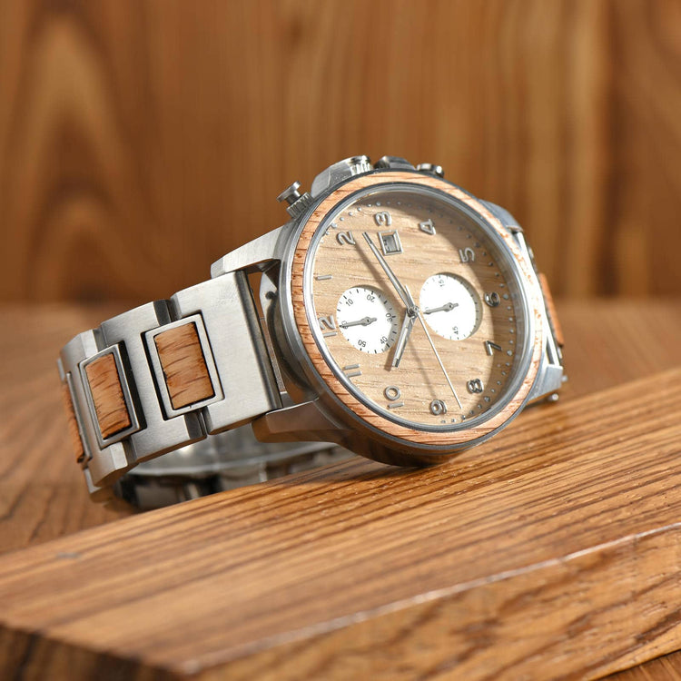 Side view of Barrel men's wood watch showcasing whiskey wood texture.