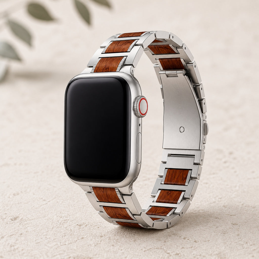 Wood and stainless-steel Apple Watch strap with warm wood inlays, front view