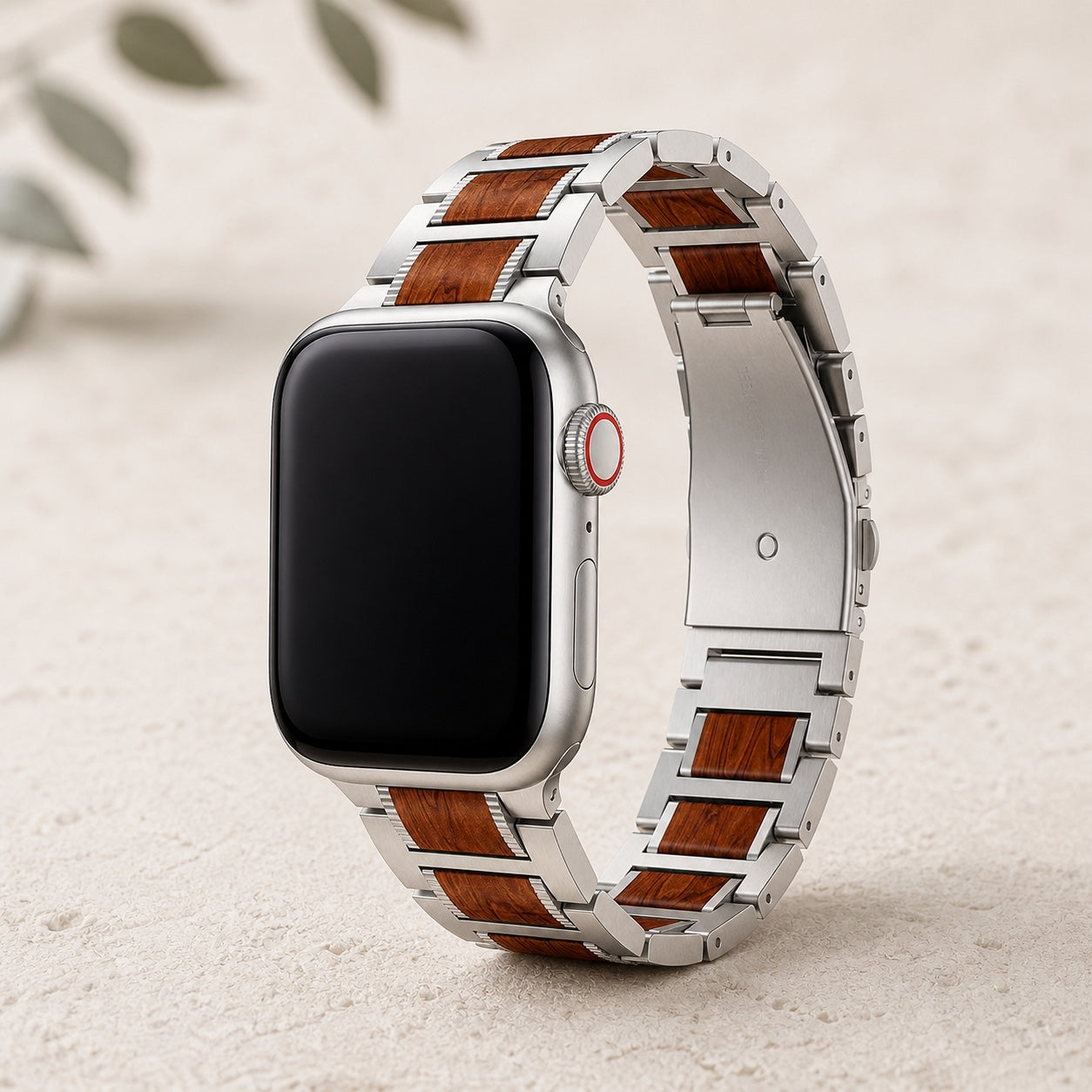 Wood and stainless-steel Apple Watch strap with warm wood inlays, front view