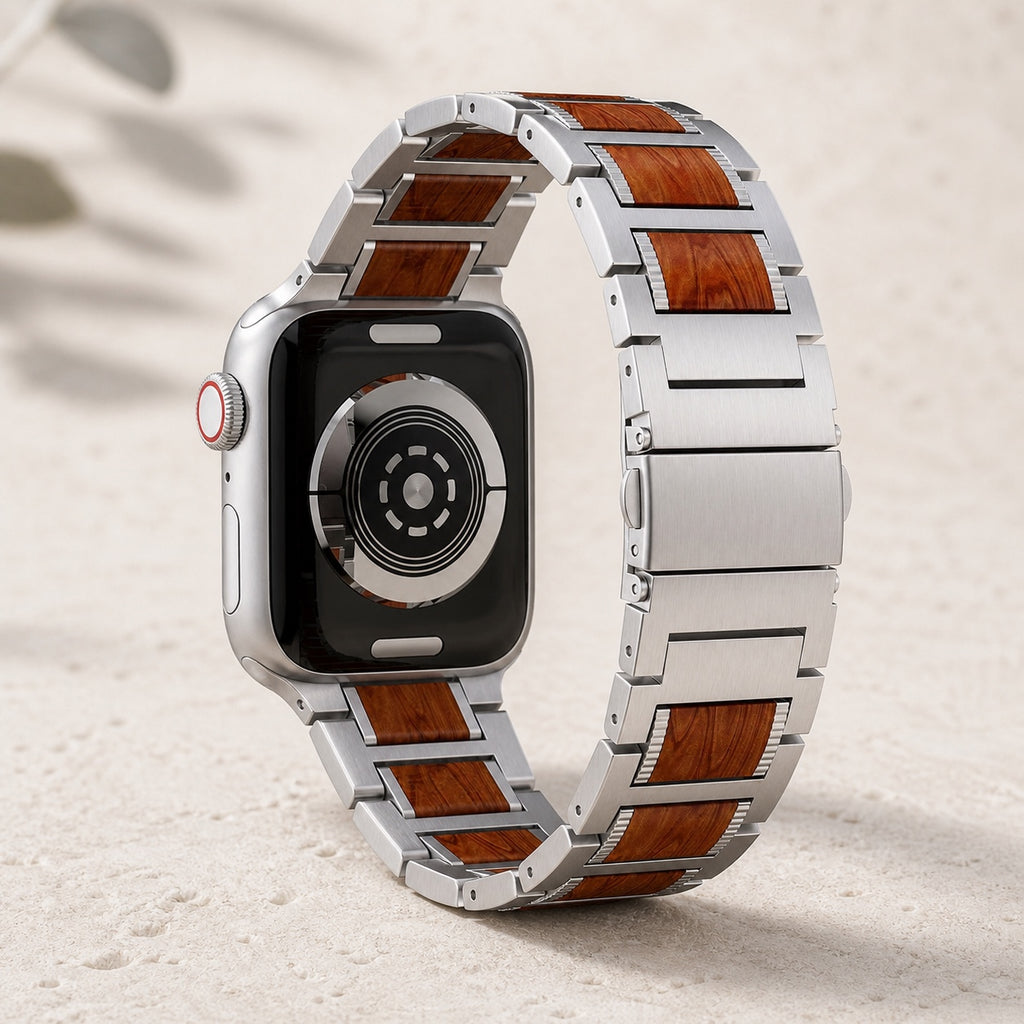 Wood and stainless-steel Apple Watch strap showing the rear sensor and butterfly clasp