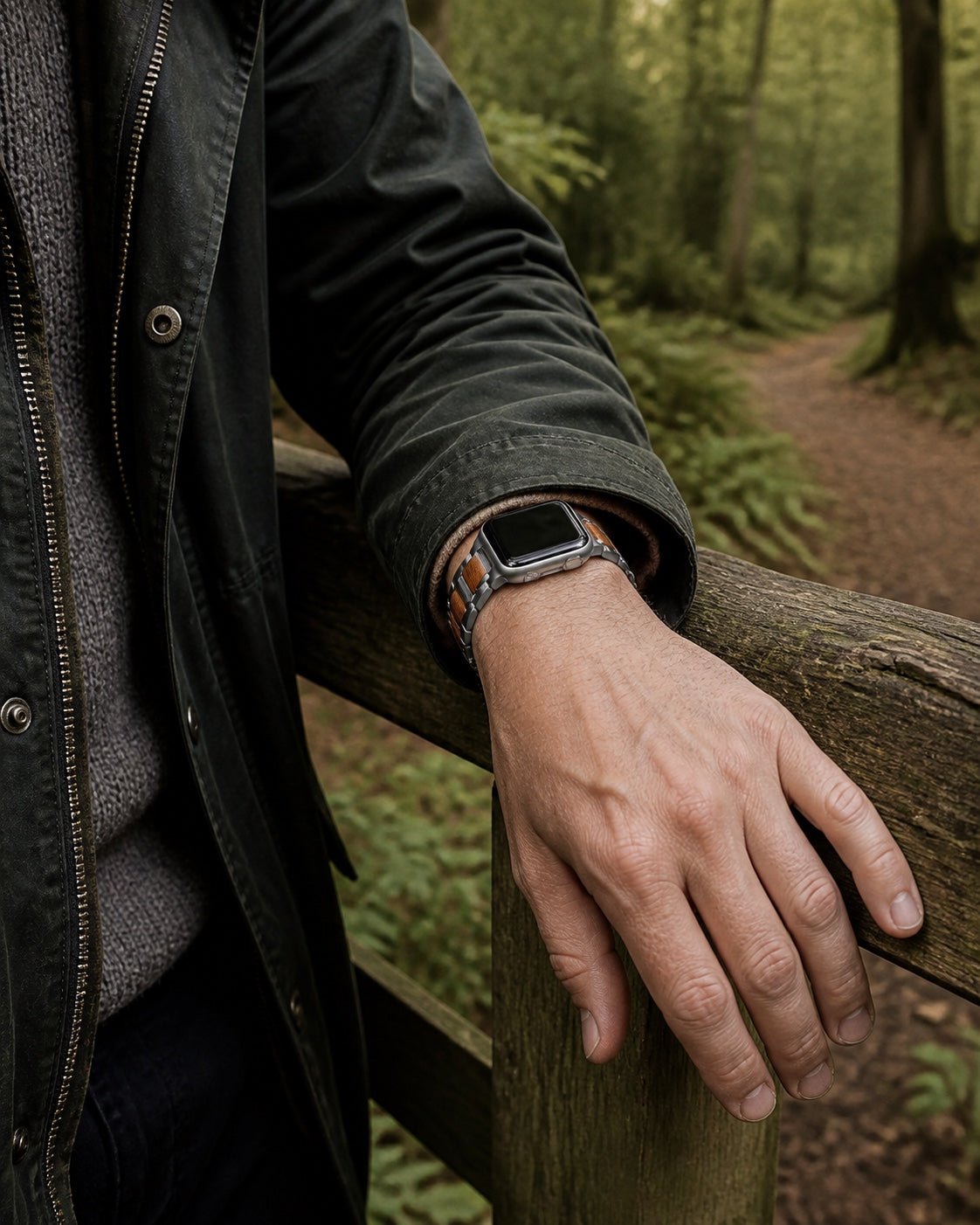 Wood and stainless-steel Apple Watch strap worn beside a woodland trail