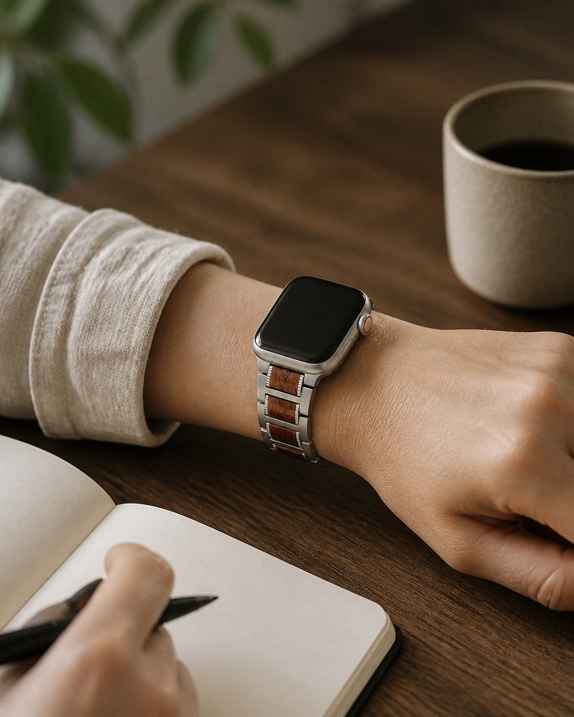 Wood and stainless-steel Apple Watch strap worn at a natural walnut workspace