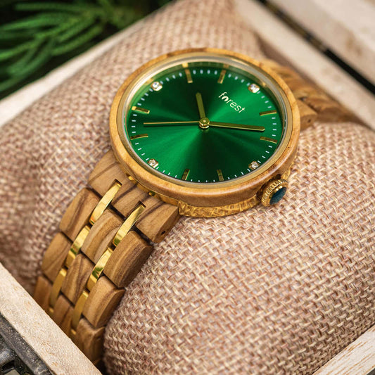 Ivy wood watch on a pillow in a wood gift box
