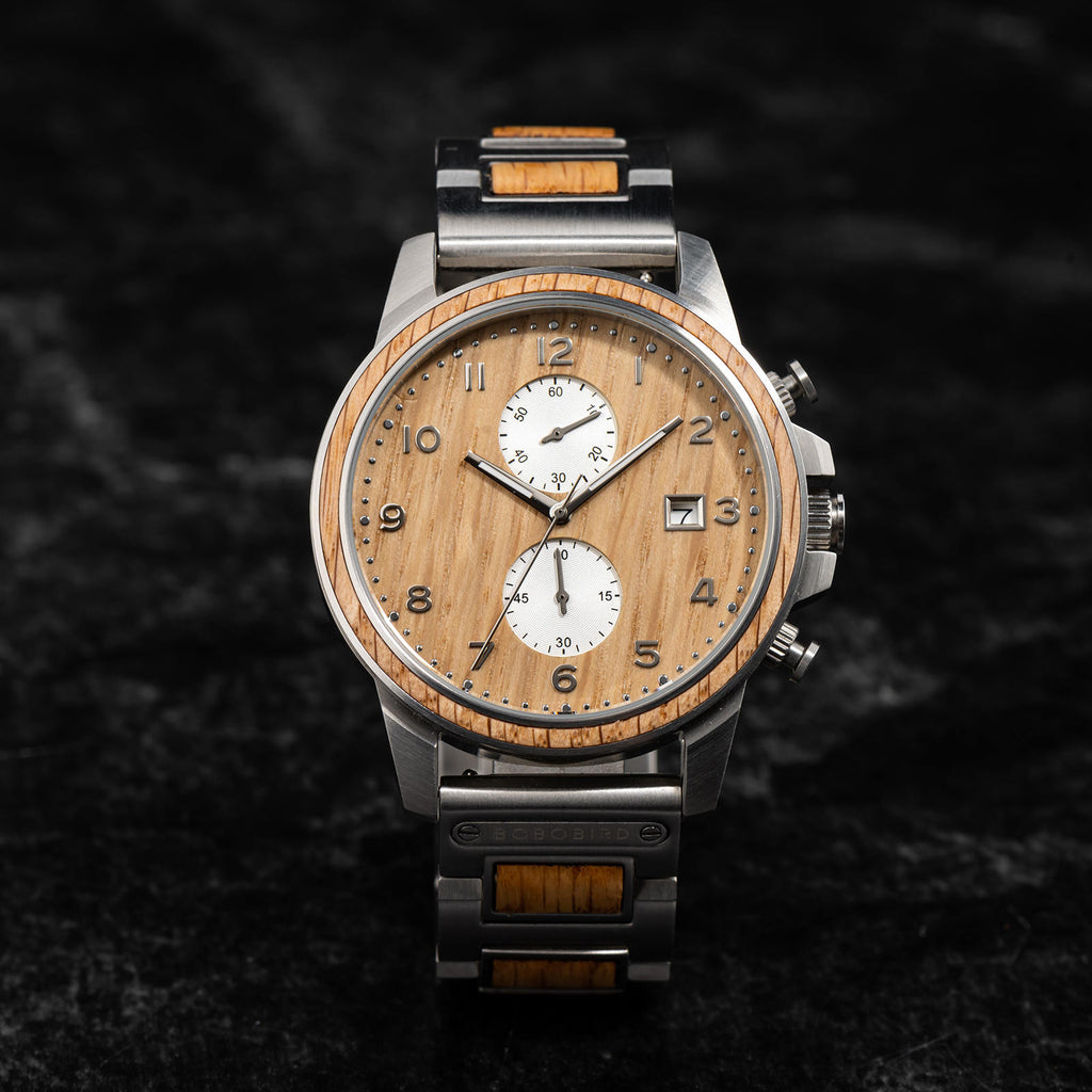 Front view of Barrel men's wood watch made from whiskey barrels.