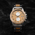 Front view of Barrel men's wood watch made from whiskey barrels.