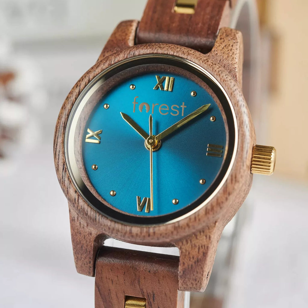 Blue dial Midnight wooden watch, close three quarter view of the case and crown