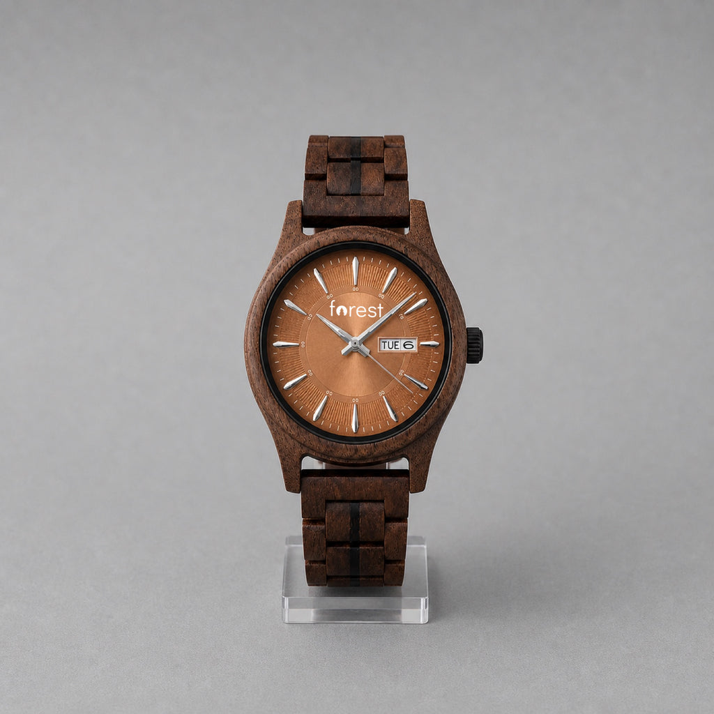 Bracken wooden watch upright, copper day-date dial and dark walnut case