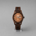 Bracken wooden watch upright, copper day-date dial and dark walnut case