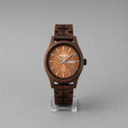 Bracken wooden watch upright, copper day-date dial and dark walnut case