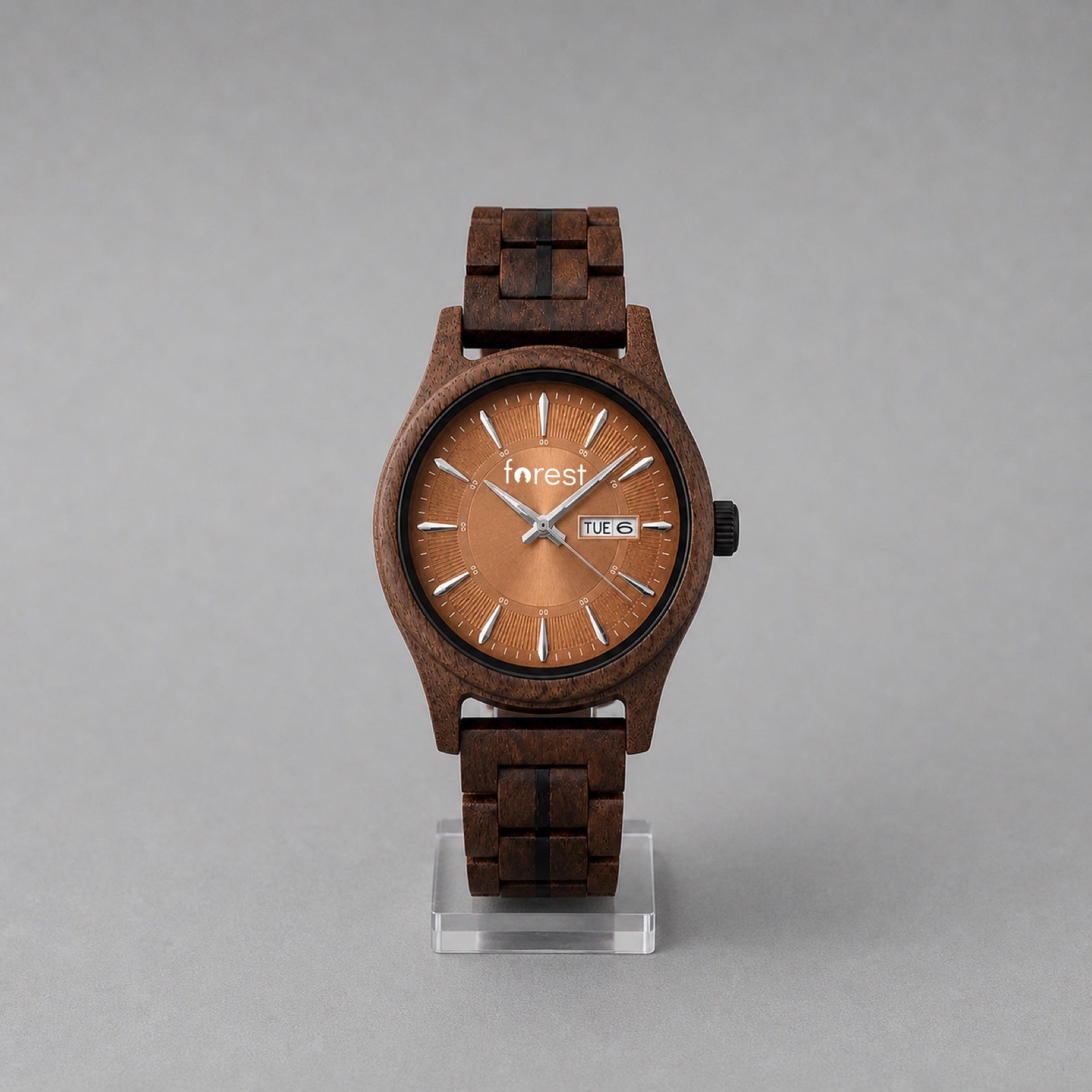 Bracken wooden watch upright, copper day-date dial and dark walnut case