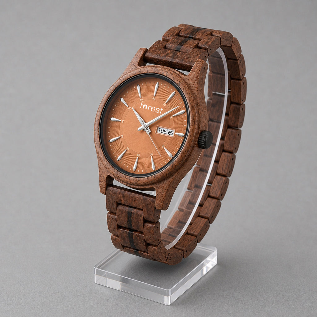Bracken wooden watch at an angle showing the walnut case flank and wood bracelet