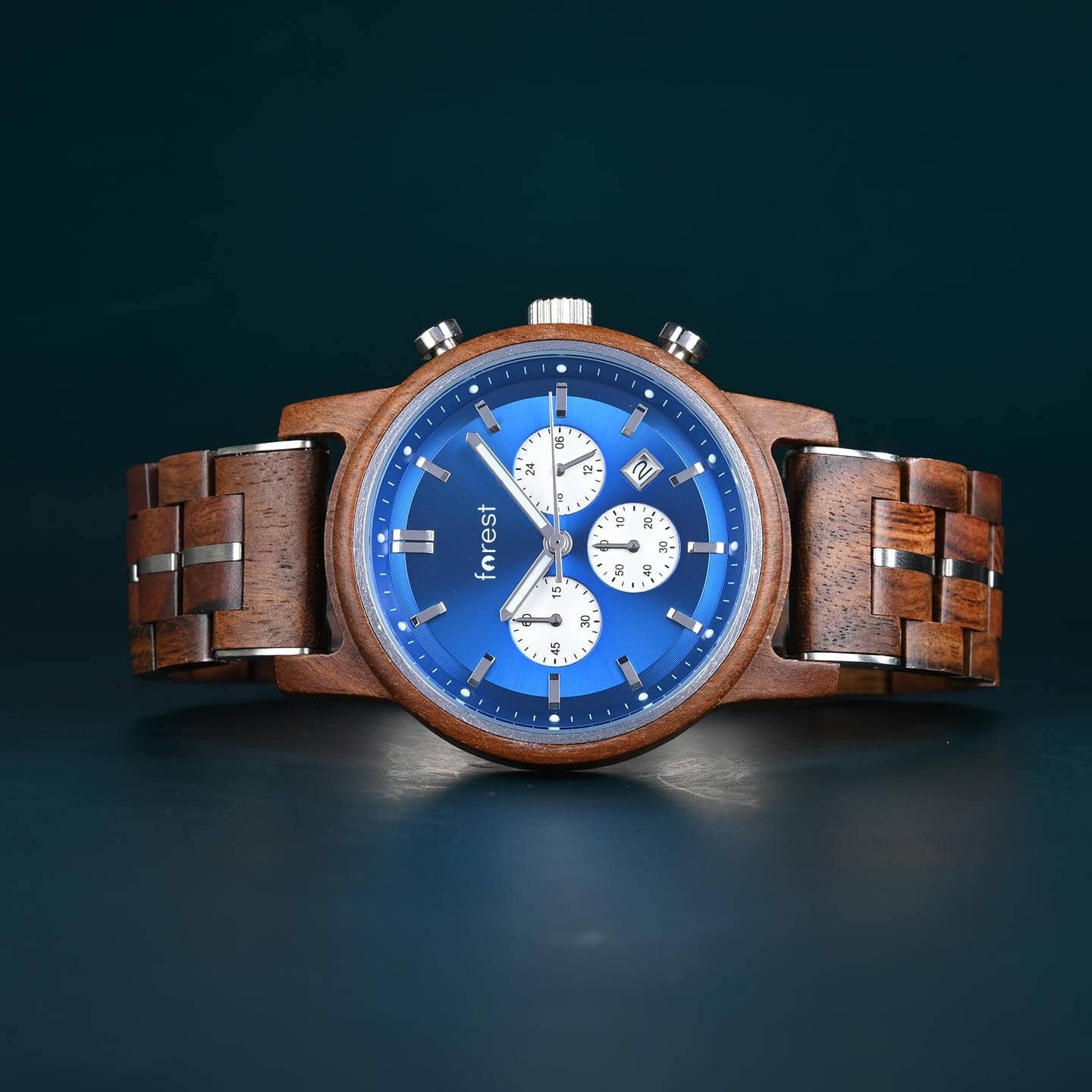 Cobalt wooden watch face on, walnut link bracelet open either side