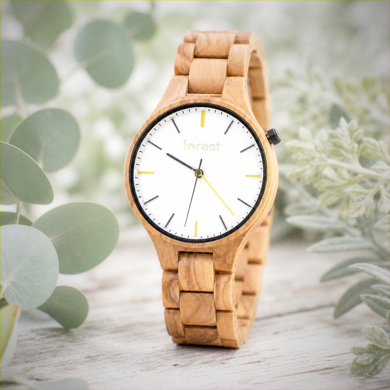 Dawn wooden watch at a three quarter angle, eucalyptus behind
