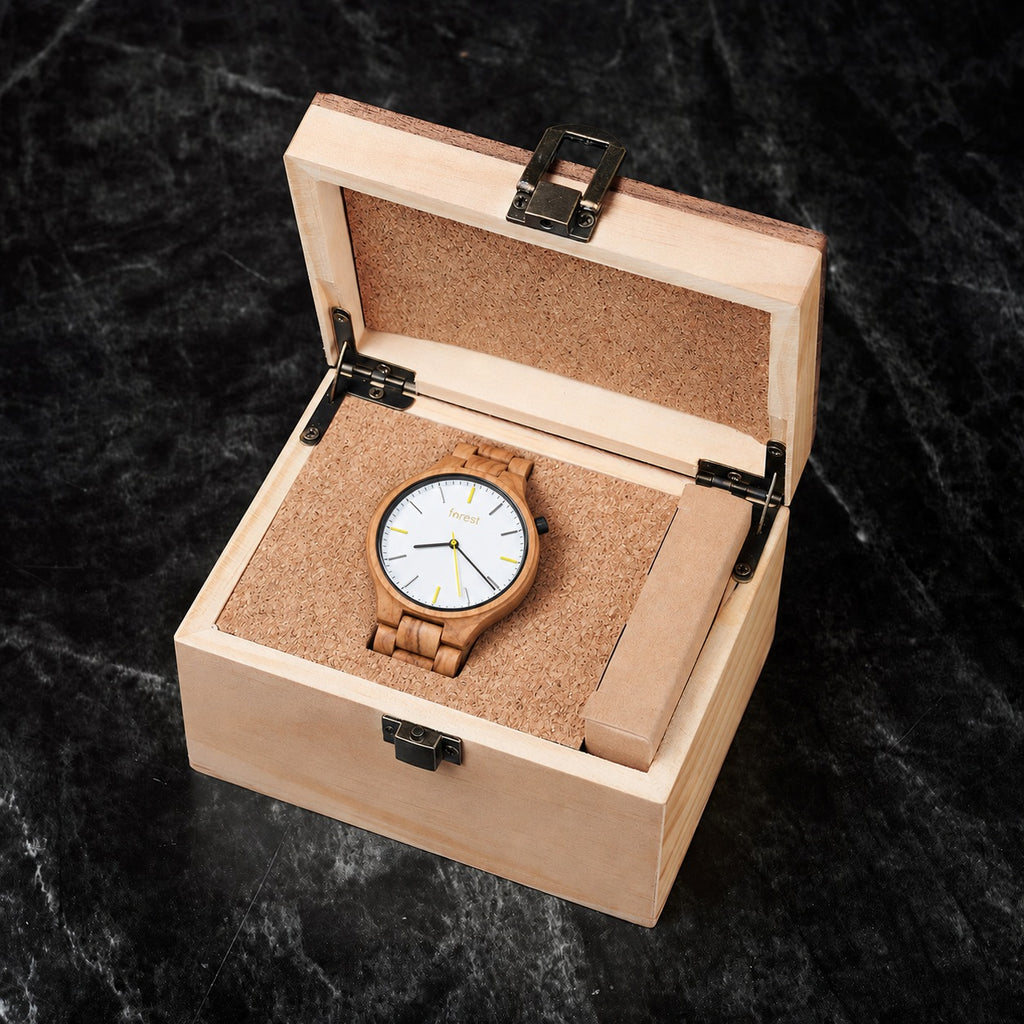 Dawn olivewood watch resting in its included wooden gift box