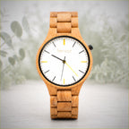 Dawn wooden watch, whole watch, light olivewood case and white dial