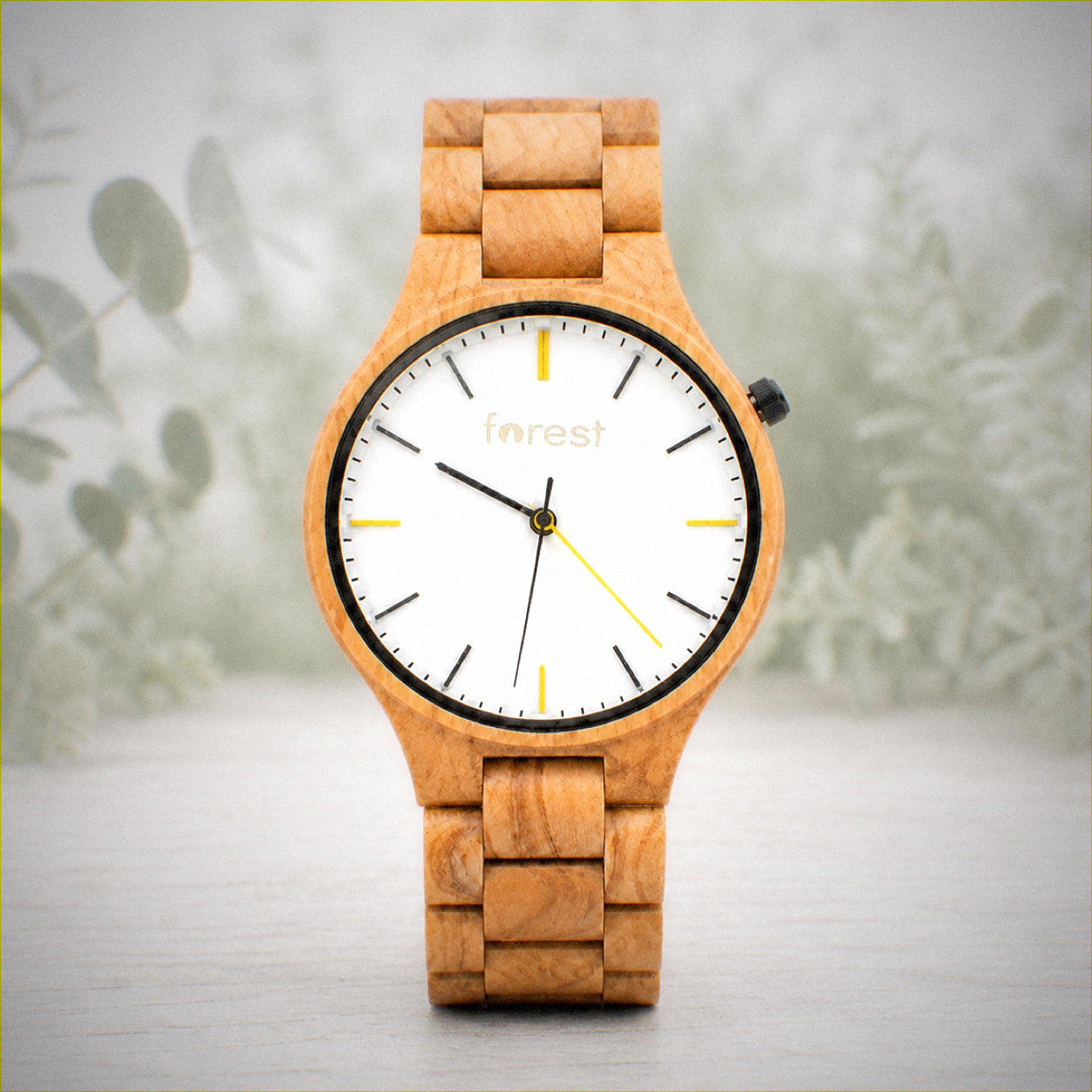 Dawn wooden watch, whole watch, light olivewood case and white dial