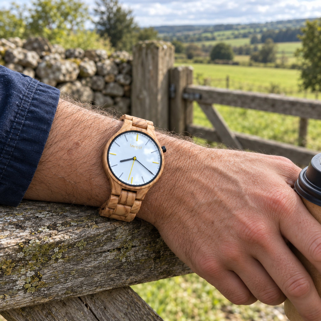 Dawn olivewood watch on a man's wrist, resting on a field gate with a coffee