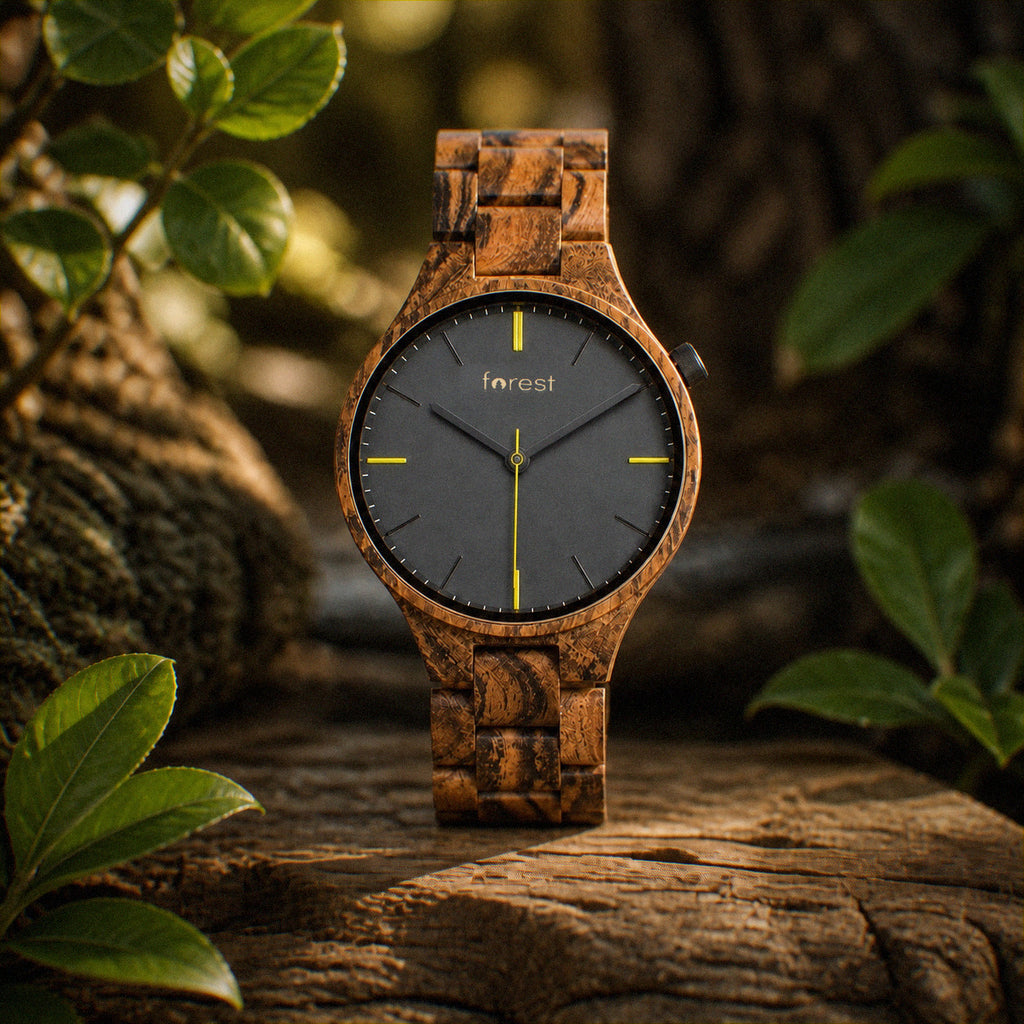 Dusk wooden watch, warm zebrawood case and charcoal dial, in woodland