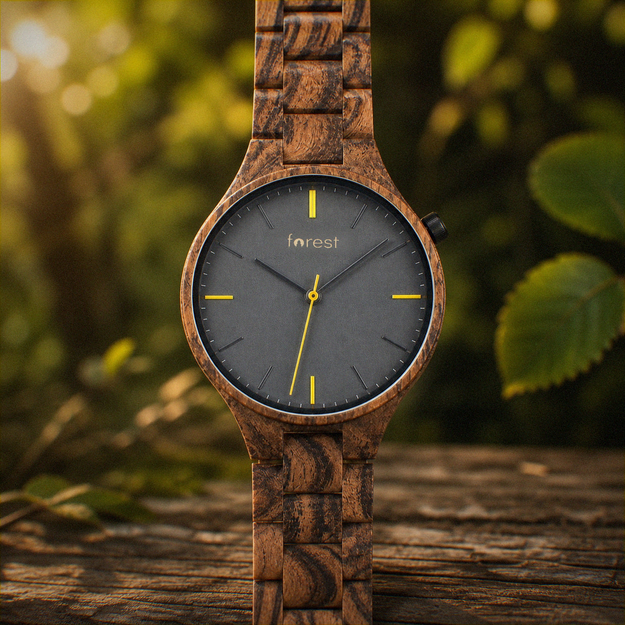 Dusk wooden watch upright on weathered wood, golden light behind