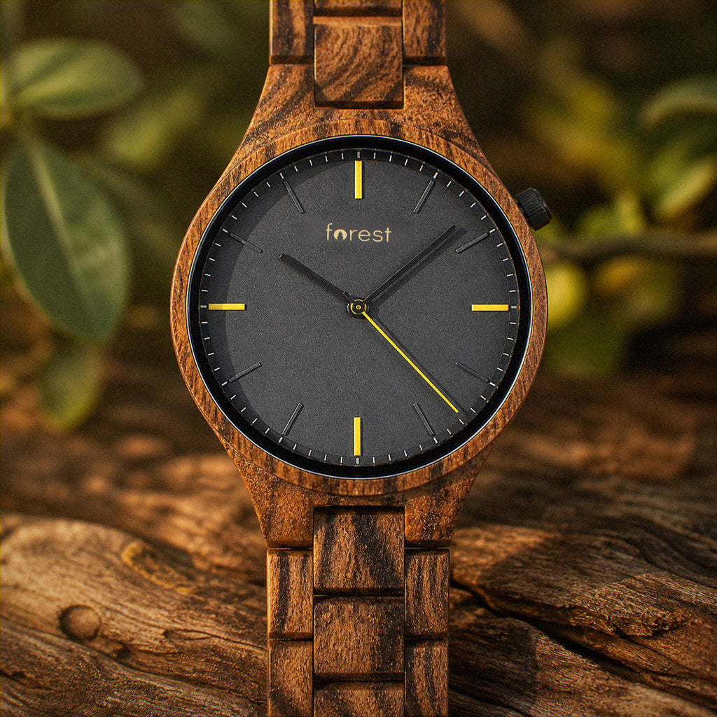 Dusk wooden watch, close view of the charcoal dial and yellow markers