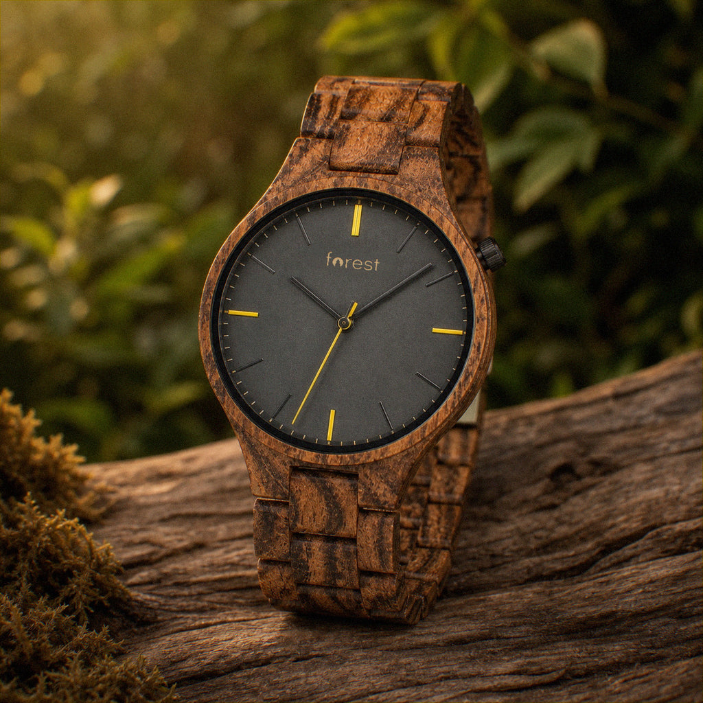 Dusk wooden watch at a three quarter angle on weathered wood