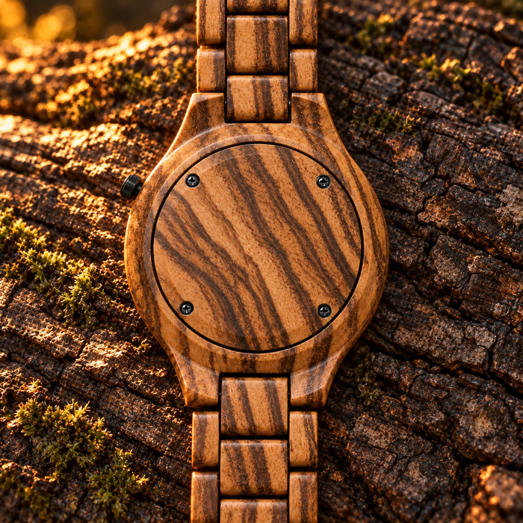 Dusk zebrawood watch lying face down on a log, showing its wooden back