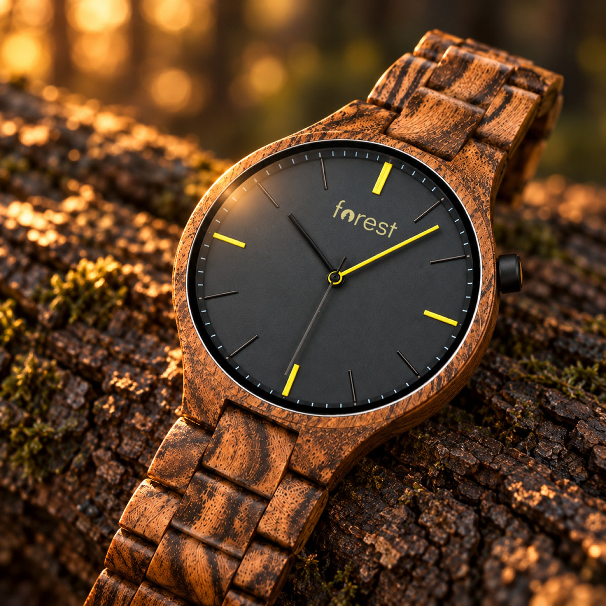 Close-up of the Dusk dial and zebrawood case in evening light