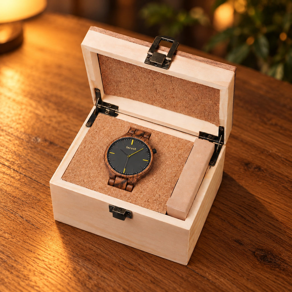Dusk zebrawood watch in its pale wooden gift box on a warm oak table