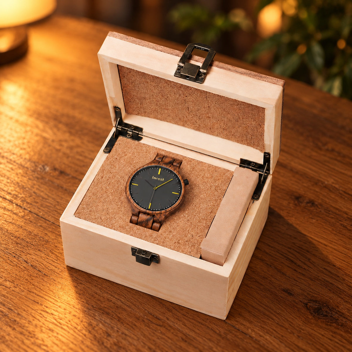 Dusk zebrawood watch in its pale wooden gift box on a warm oak table