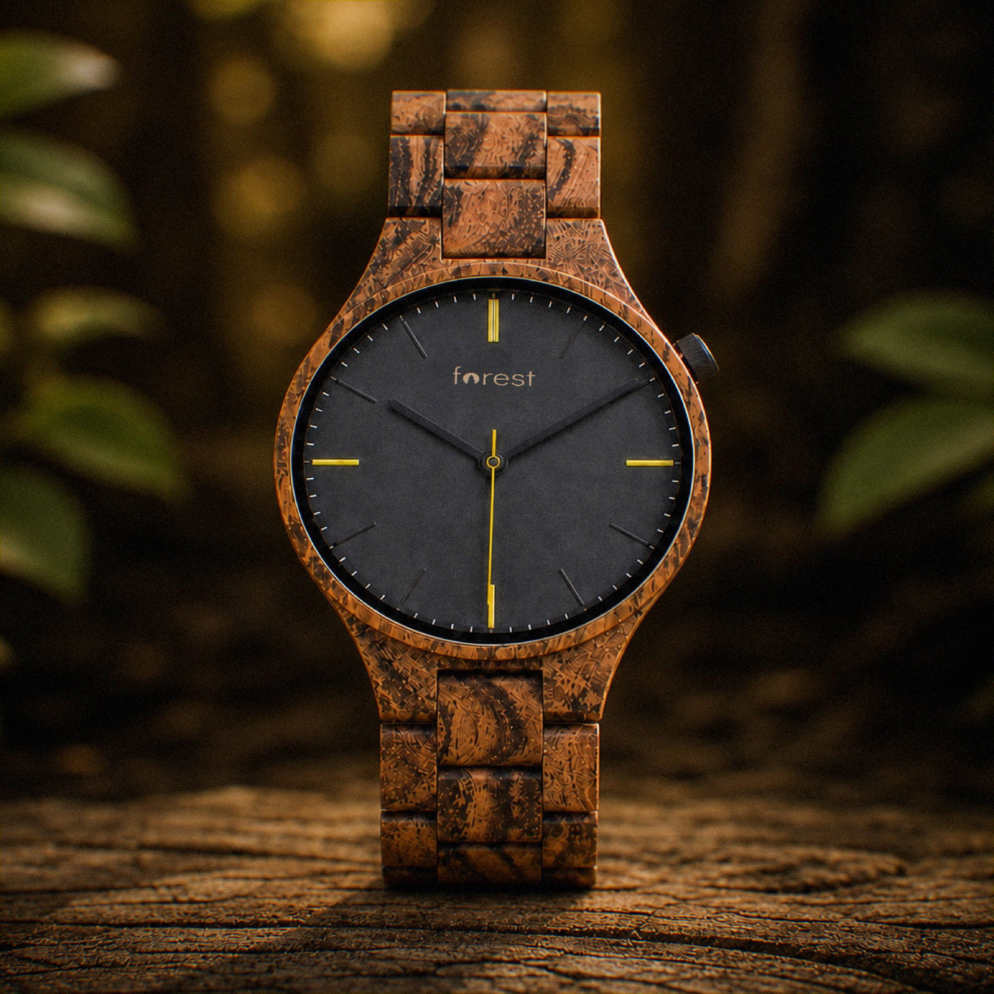 Dusk wooden watch, whole watch, warm zebrawood case and charcoal dial