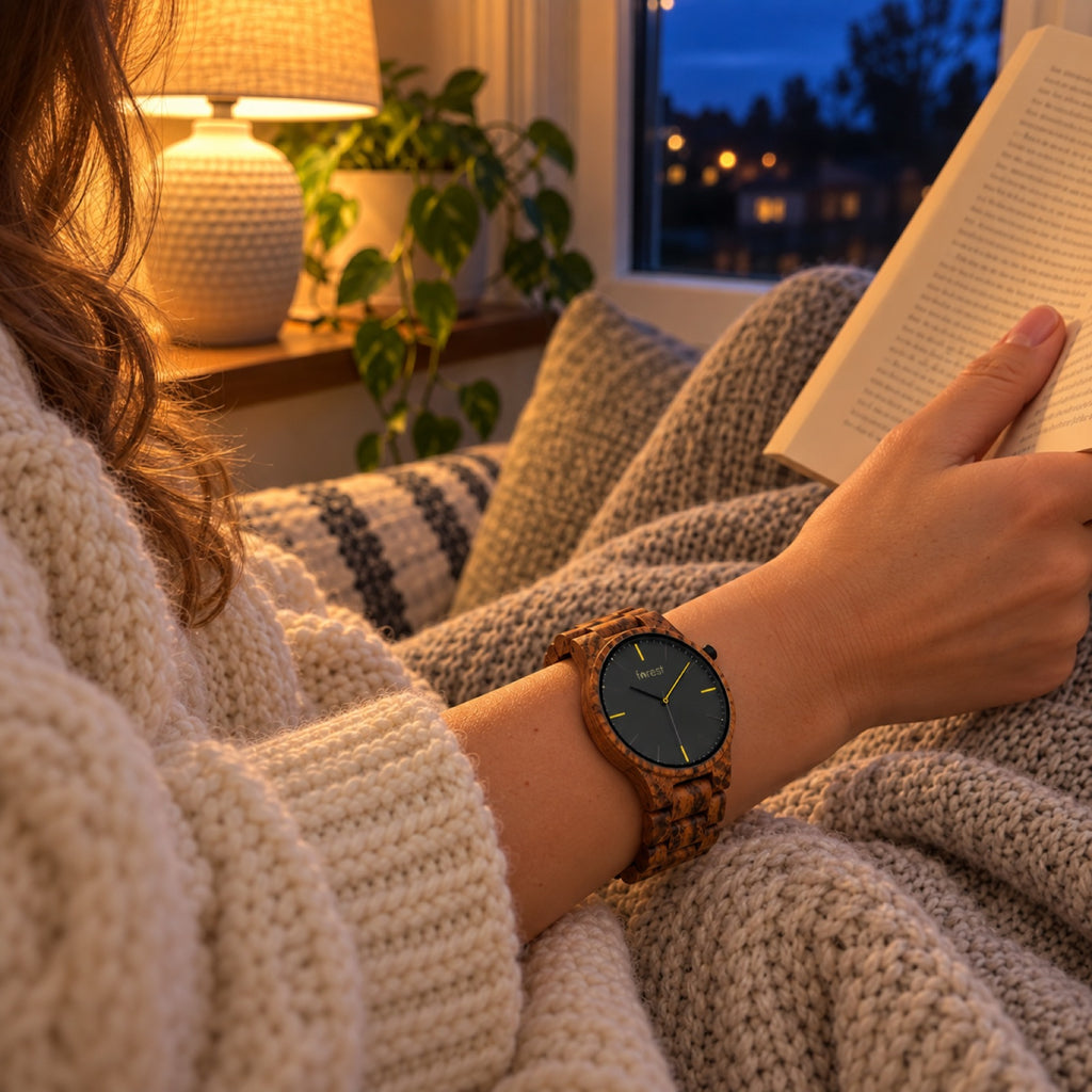 Dusk zebrawood watch on a woman's wrist, reading a book by the window at dusk