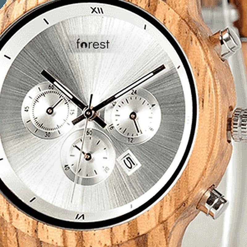EMBER chronograph dial close-up, forest logo, three sub-dials