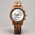 Front view of the Ember wooden watch with silver chronograph dial and pale gold Forest logo