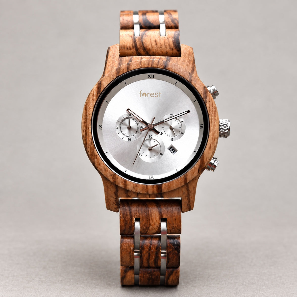 Front view of the Ember wooden watch with silver chronograph dial and pale gold Forest logo