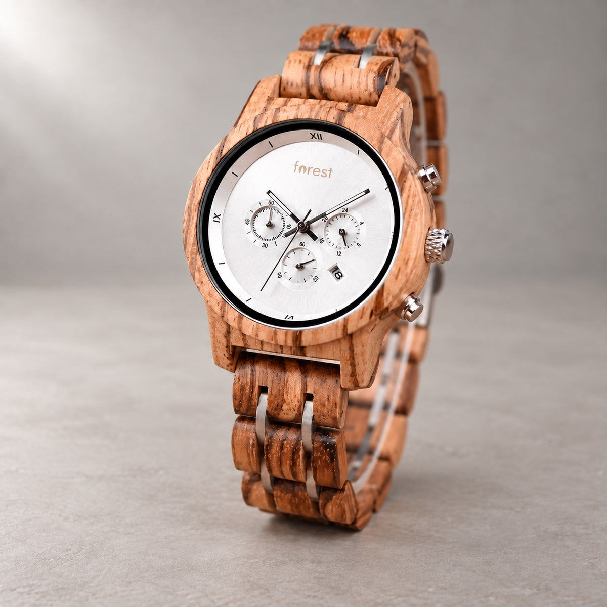 Ember wooden watch at an angle, showing its chronograph dial, wooden case and bracelet