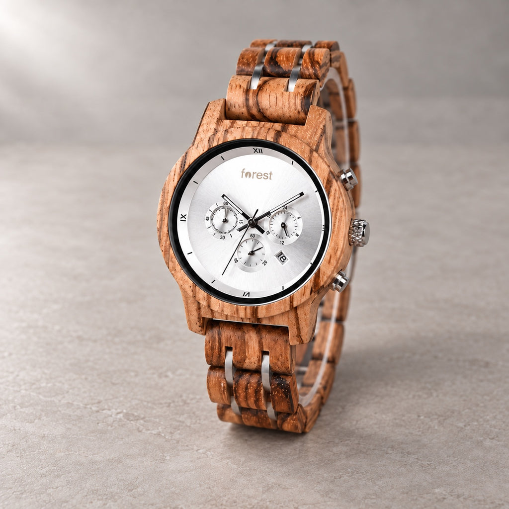 Ember wooden chronograph watch displayed on pale stone
