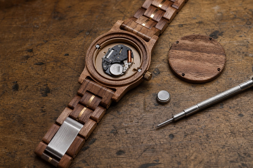 A Forest watch open on the bench with its caseback off, a fresh battery and a screwdriver