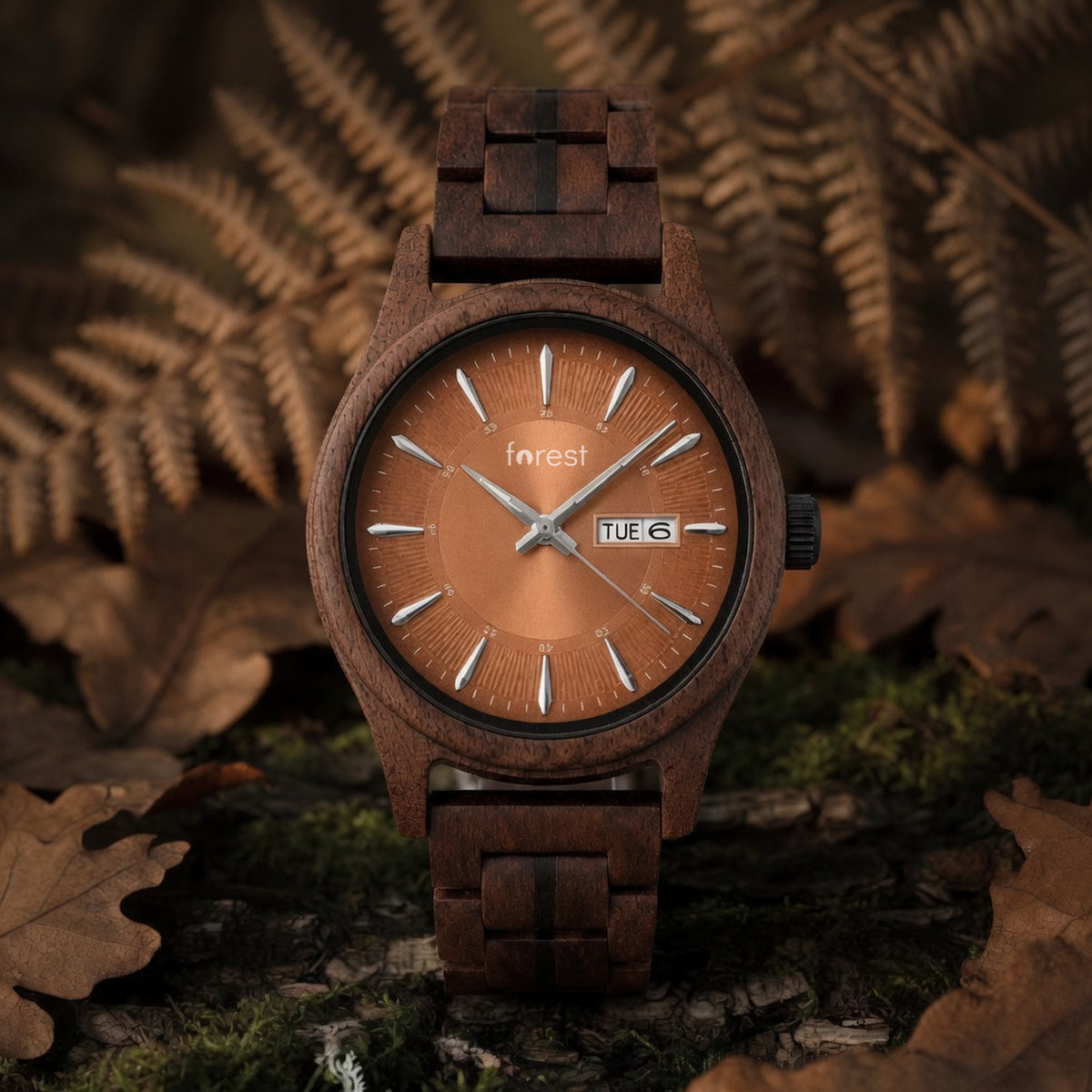 Bracken wooden watch, front view