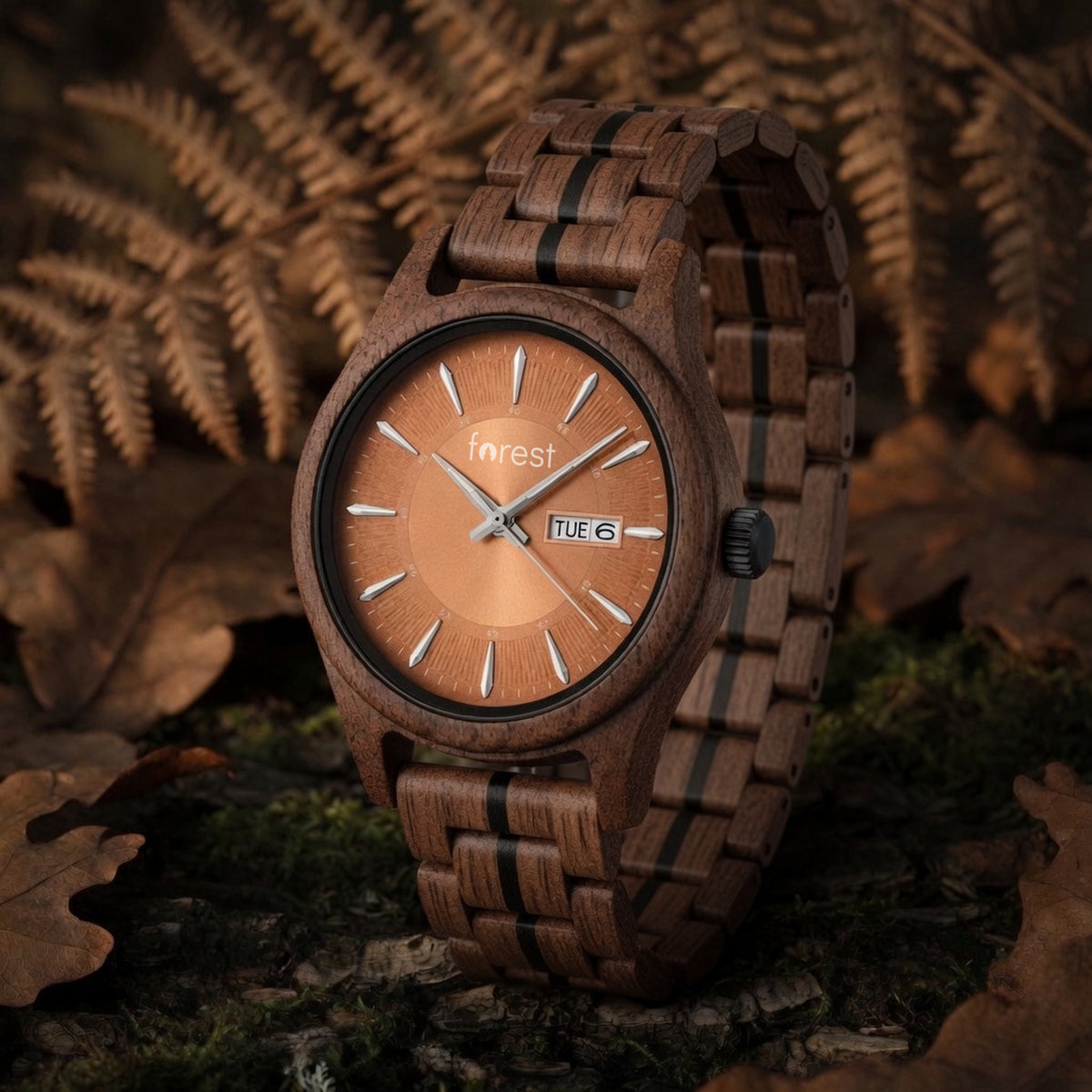 Bracken wooden watch, three-quarter view