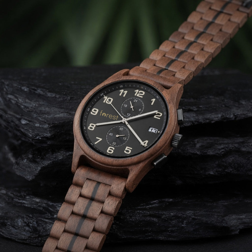 Raven wooden watch, three-quarter view