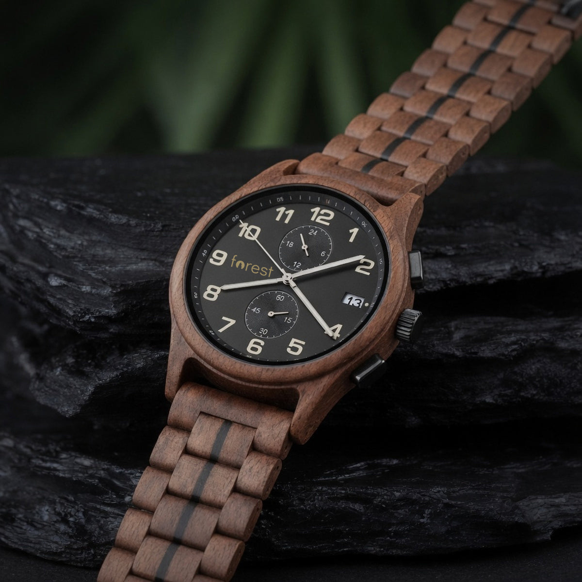 Raven wooden watch, three-quarter view