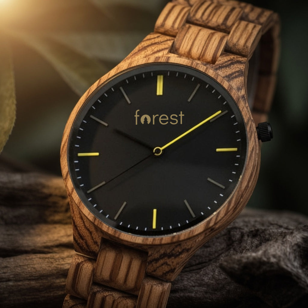 Dusk wooden watch, close-up of the dial