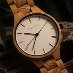 Dawn wooden watch, close-up of the dial