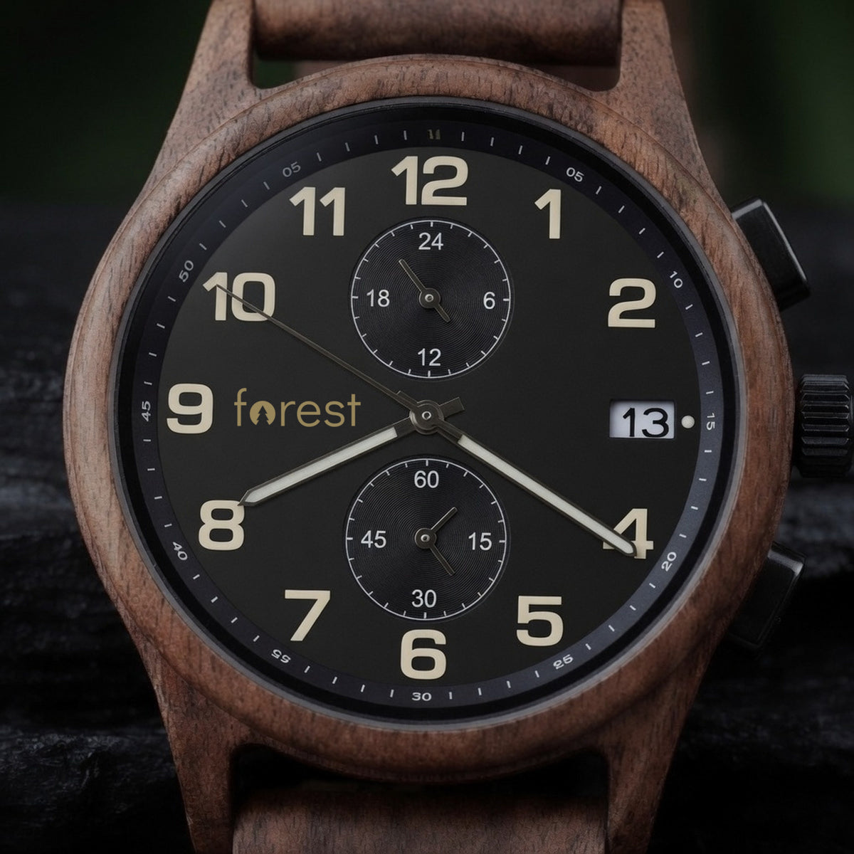 Raven wooden watch, close-up of the dial