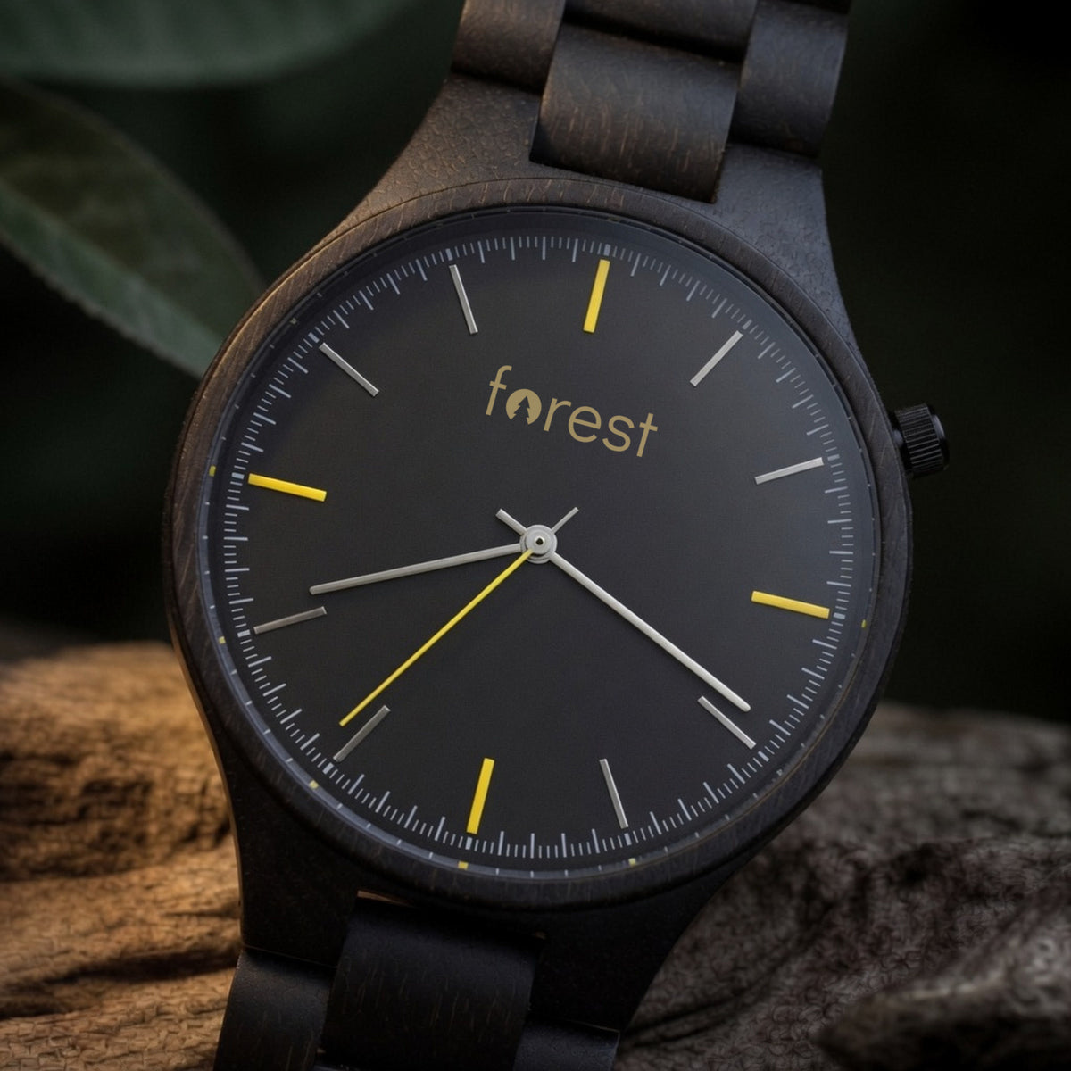Nightfall wooden watch, close-up of the dial